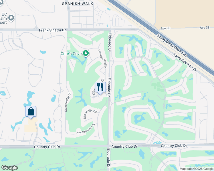 map of restaurants, bars, coffee shops, grocery stores, and more near 39082 Gladiolus Lane in Palm Desert