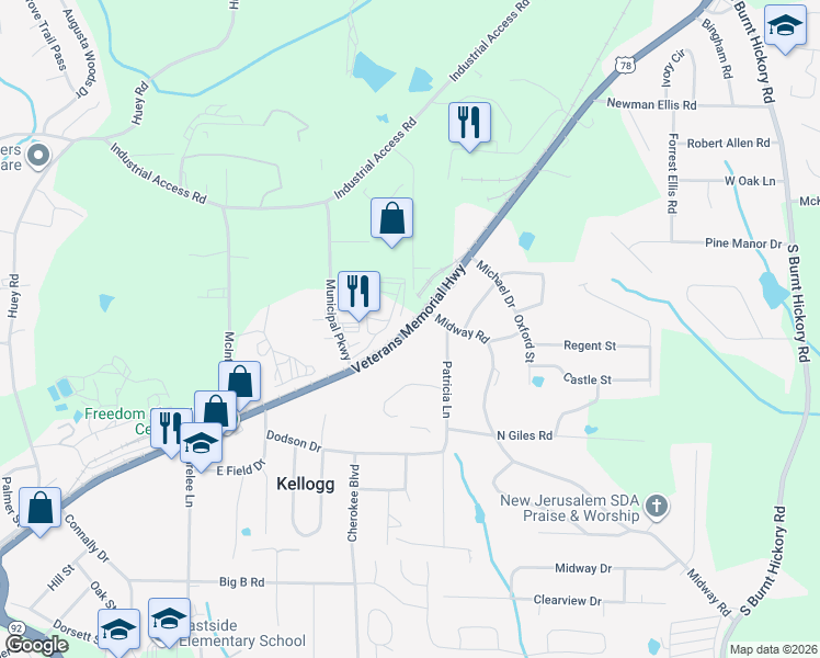 map of restaurants, bars, coffee shops, grocery stores, and more near 4539 Georgia 5 in Douglasville