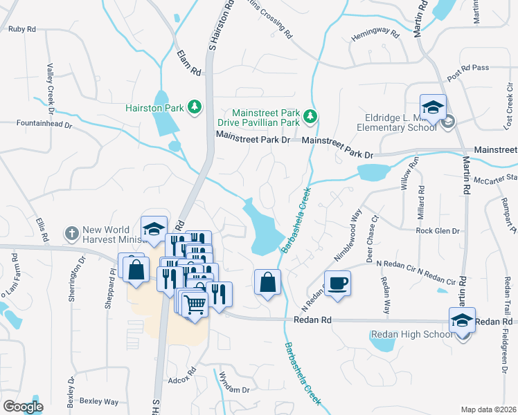 map of restaurants, bars, coffee shops, grocery stores, and more near 1008 Mainstreet Lake Drive in Stone Mountain