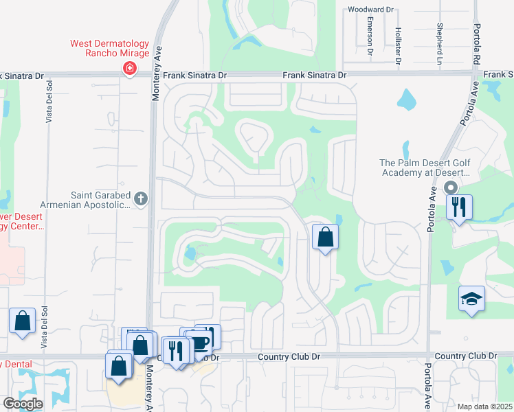 map of restaurants, bars, coffee shops, grocery stores, and more near 73374 Adobe Springs Drive in Palm Desert