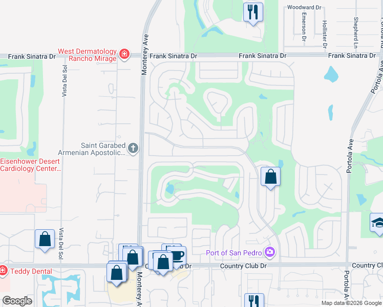 map of restaurants, bars, coffee shops, grocery stores, and more near 73240 Adobe Springs Drive in Palm Desert