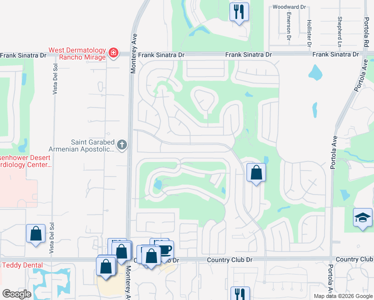 map of restaurants, bars, coffee shops, grocery stores, and more near 73251 Adobe Springs Drive in Palm Desert