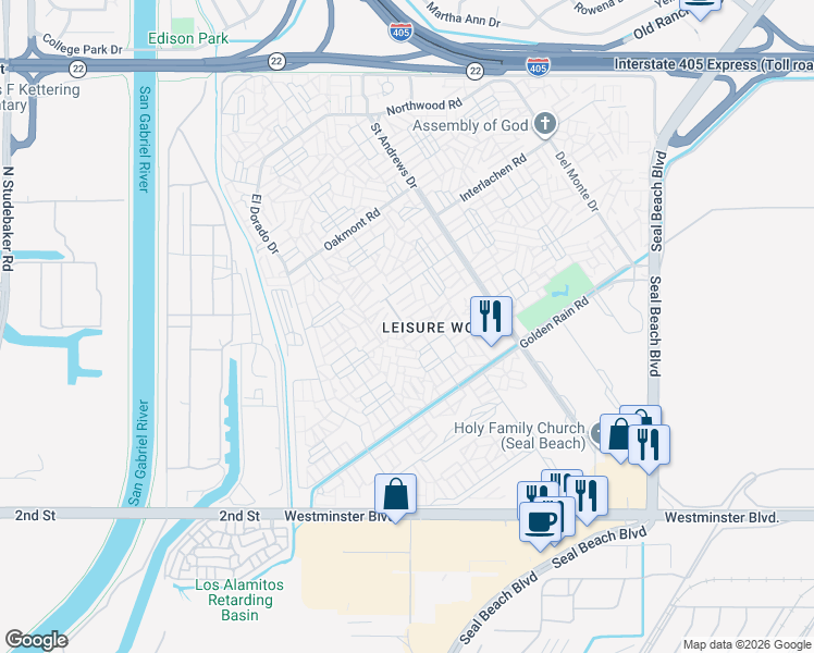 map of restaurants, bars, coffee shops, grocery stores, and more near 13580 Medinac Lane in Seal Beach