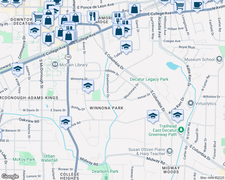 map of restaurants, bars, coffee shops, grocery stores, and more near 332 Shadowmoor Drive in Decatur