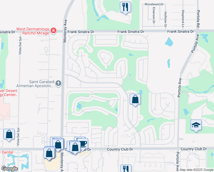 map of restaurants, bars, coffee shops, grocery stores, and more near 73374 Adobe Springs Drive in Palm Desert