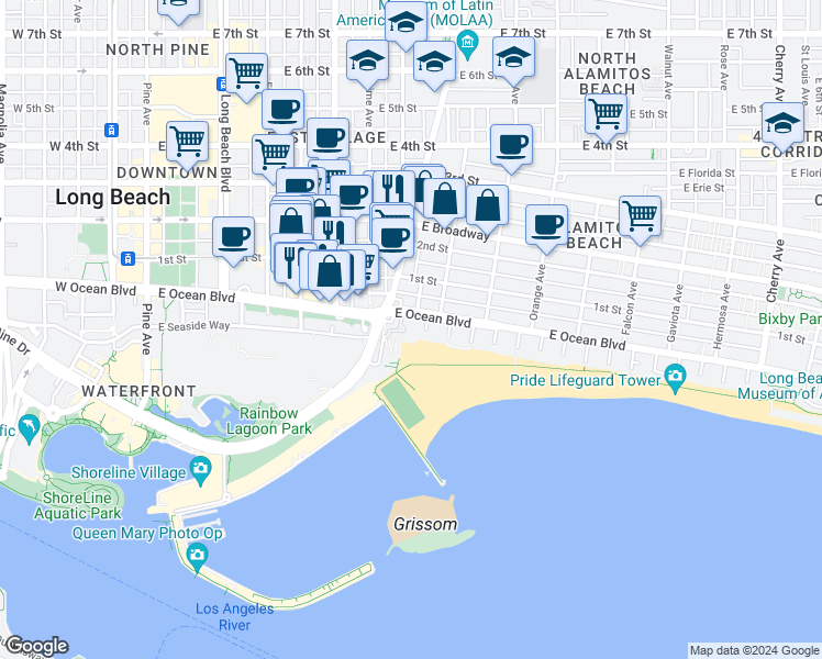map of restaurants, bars, coffee shops, grocery stores, and more near 850 East Ocean Boulevard in Long Beach