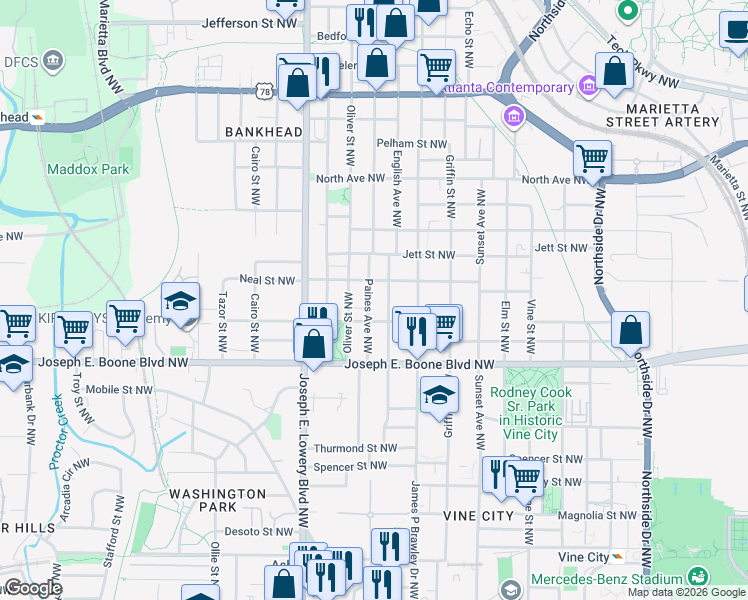 map of restaurants, bars, coffee shops, grocery stores, and more near 403 Paines Avenue Northwest in Atlanta