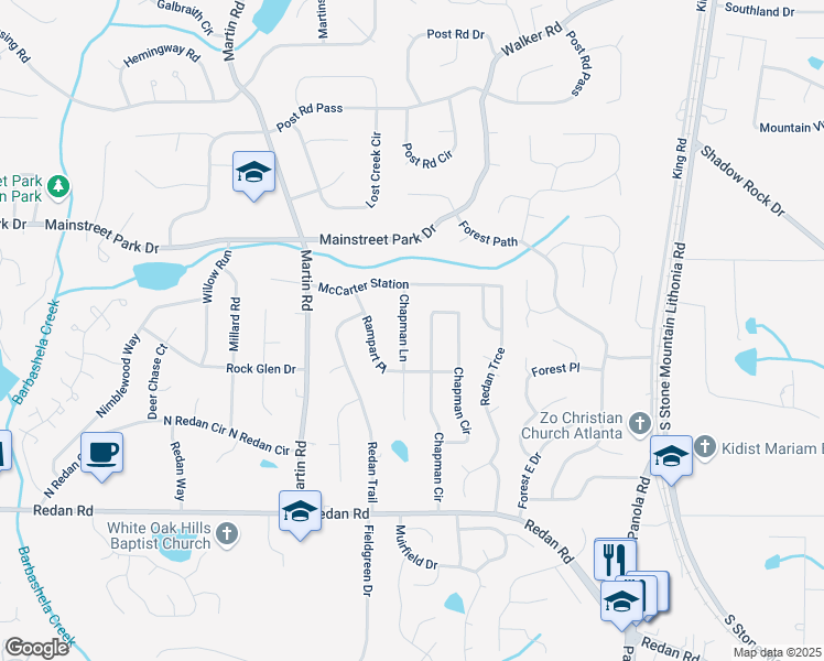 map of restaurants, bars, coffee shops, grocery stores, and more near 985 Chapman Lane in Stone Mountain