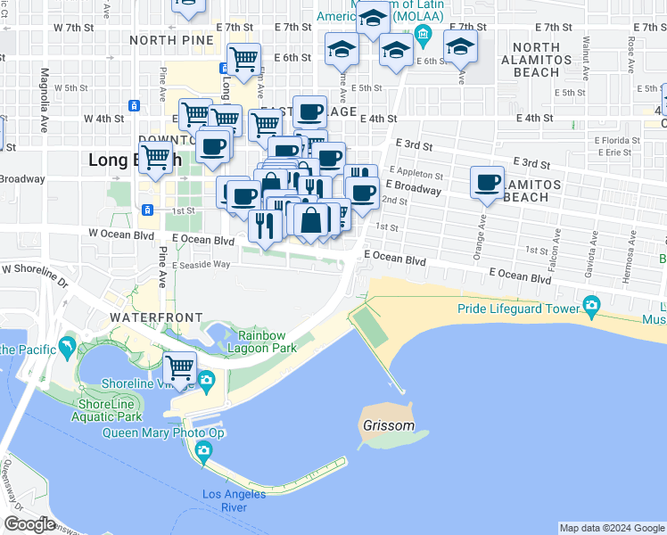 map of restaurants, bars, coffee shops, grocery stores, and more near 144 East Shoreline Drive in Long Beach