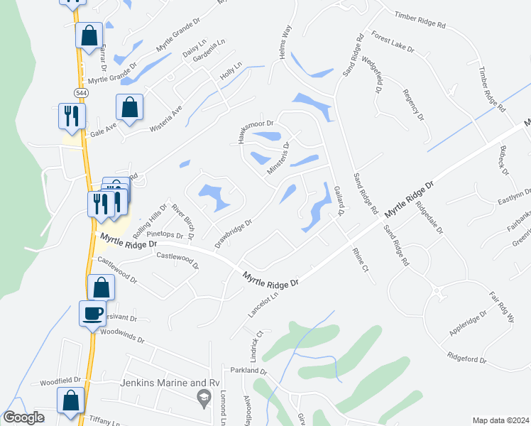 map of restaurants, bars, coffee shops, grocery stores, and more near 730 Drawbridge Drive in Conway
