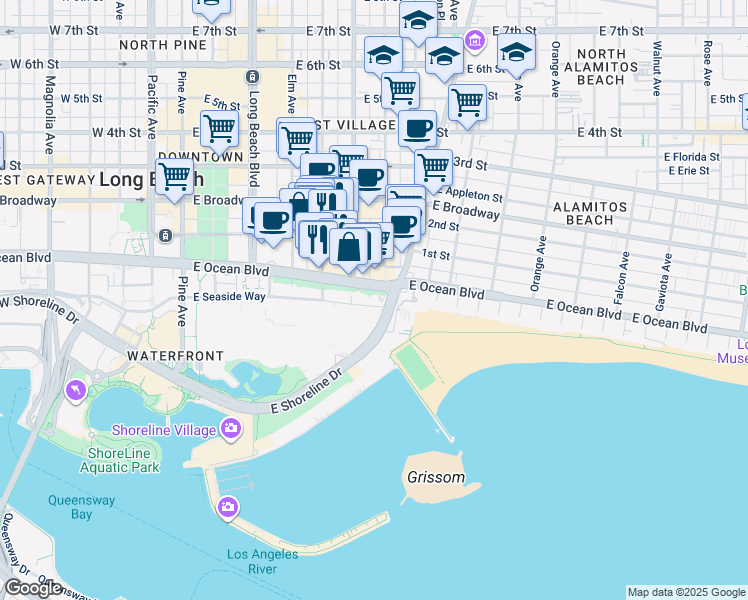 map of restaurants, bars, coffee shops, grocery stores, and more near 700 East Ocean Boulevard in Long Beach