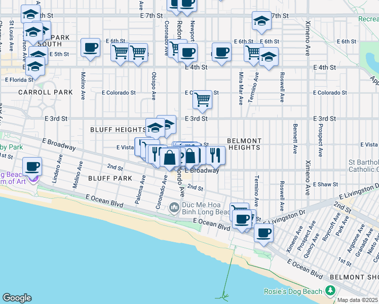 map of restaurants, bars, coffee shops, grocery stores, and more near 241 Newport Avenue in Long Beach