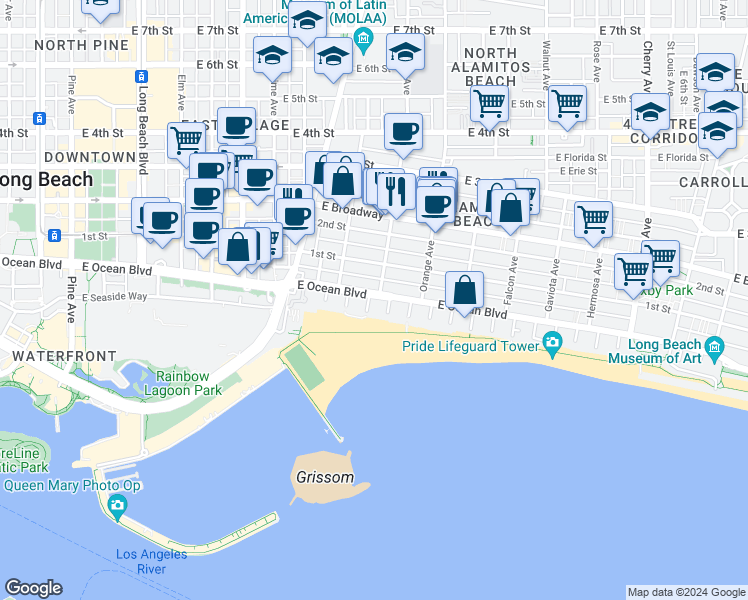 map of restaurants, bars, coffee shops, grocery stores, and more near 8 3rd Place in Long Beach