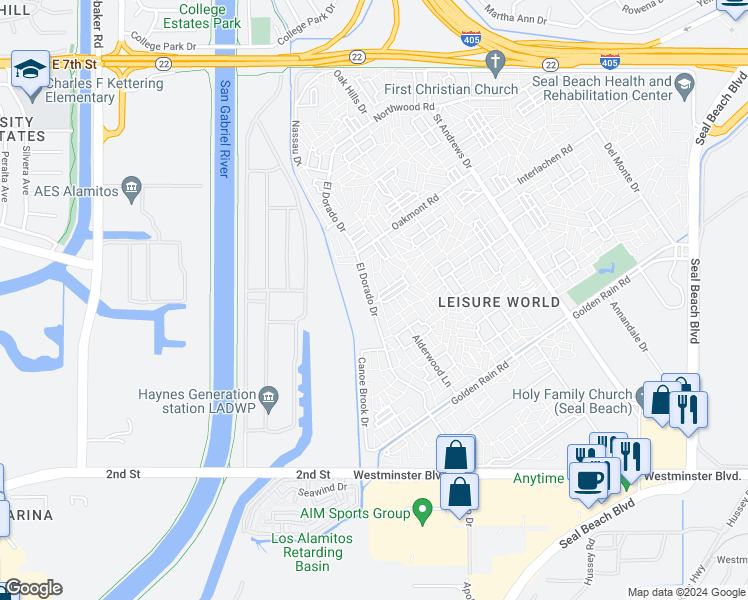 map of restaurants, bars, coffee shops, grocery stores, and more near 1221 Knollwood Road in Seal Beach