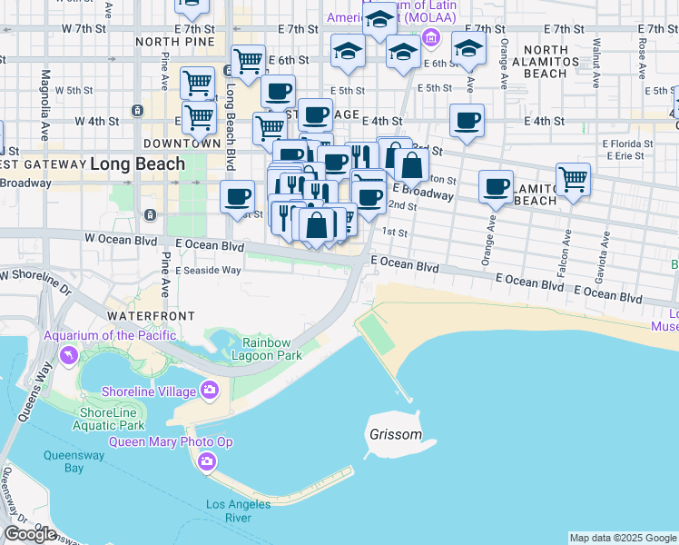map of restaurants, bars, coffee shops, grocery stores, and more near 700 East Ocean Boulevard in Long Beach