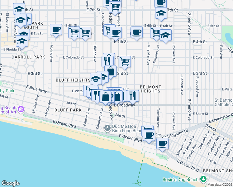 map of restaurants, bars, coffee shops, grocery stores, and more near in Long Beach