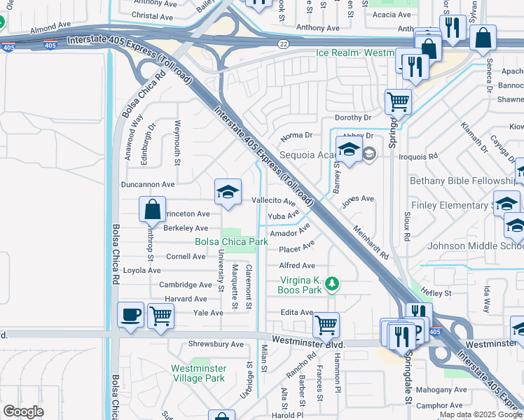 map of restaurants, bars, coffee shops, grocery stores, and more near 13501 Milan Street in Westminster