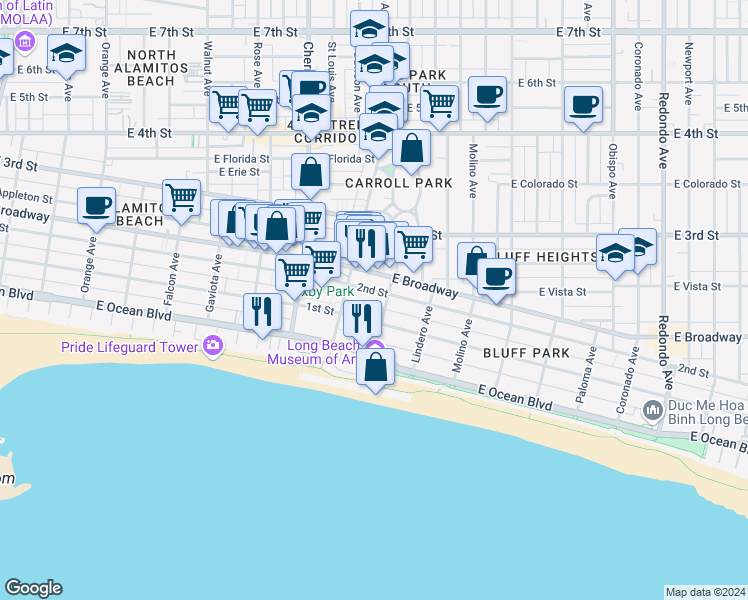 map of restaurants, bars, coffee shops, grocery stores, and more near 2214 2nd Street in Long Beach