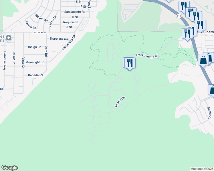 map of restaurants, bars, coffee shops, grocery stores, and more near 1 Mirada Circle in Rancho Mirage