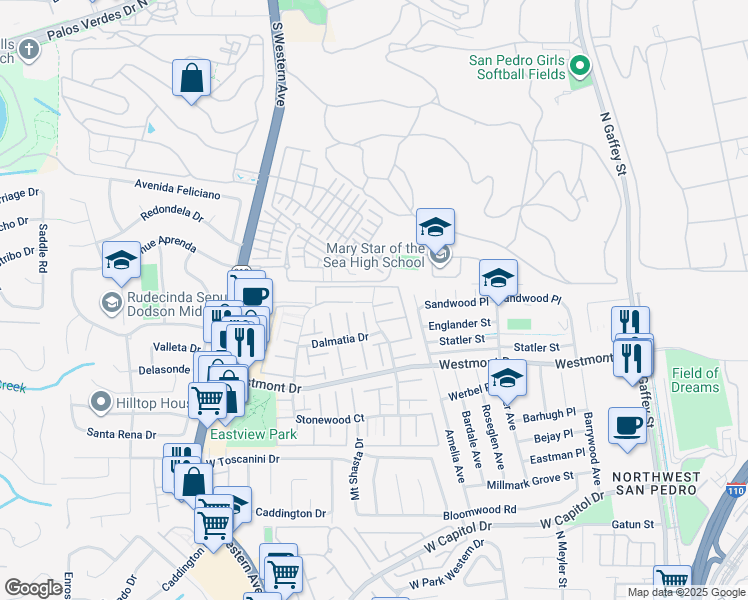 map of restaurants, bars, coffee shops, grocery stores, and more near 2130 Mount Shasta Drive in Los Angeles