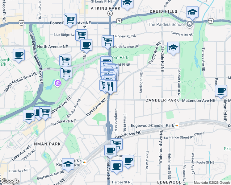 map of restaurants, bars, coffee shops, grocery stores, and more near 1225 Euclid Avenue Northeast in Atlanta