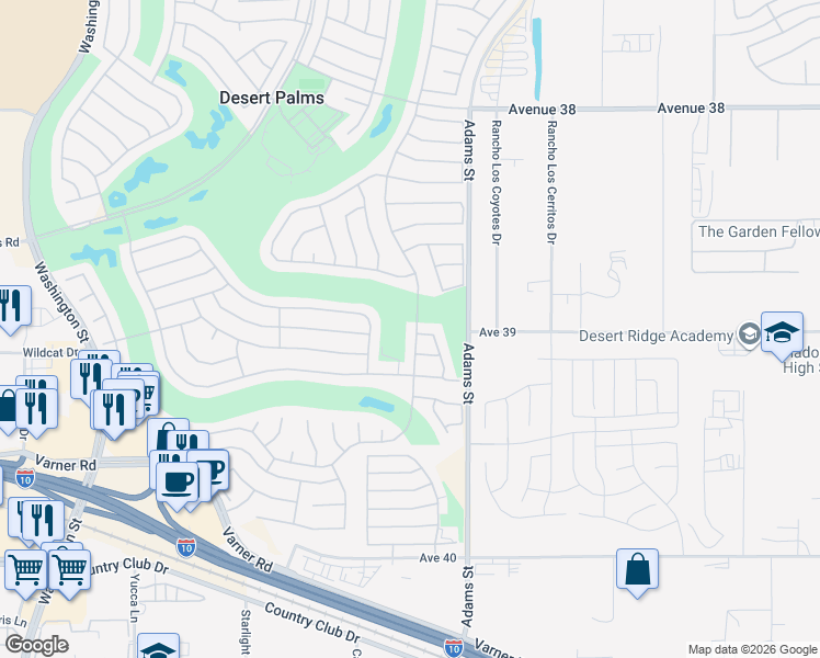 map of restaurants, bars, coffee shops, grocery stores, and more near 38995 Brandywine Avenue in Palm Desert