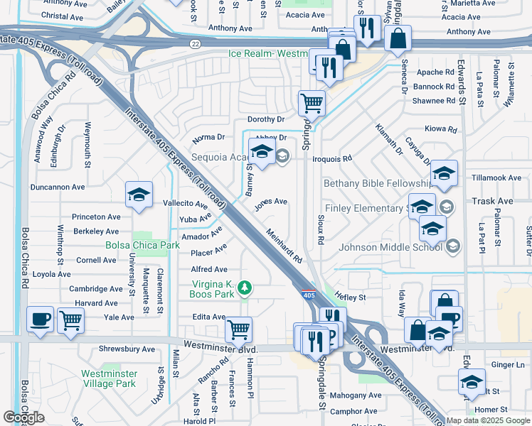 map of restaurants, bars, coffee shops, grocery stores, and more near 5841 Allison Circle in Westminster