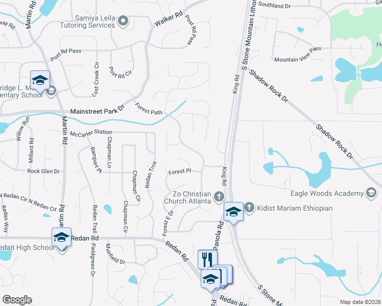 map of restaurants, bars, coffee shops, grocery stores, and more near 962 Forest Path in Stone Mountain
