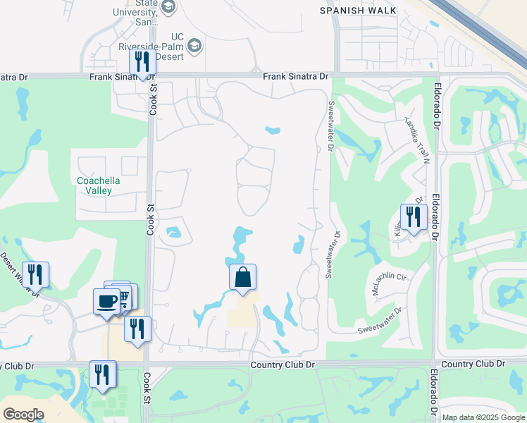 map of restaurants, bars, coffee shops, grocery stores, and more near 230 Vista Royale Circle East in Palm Desert