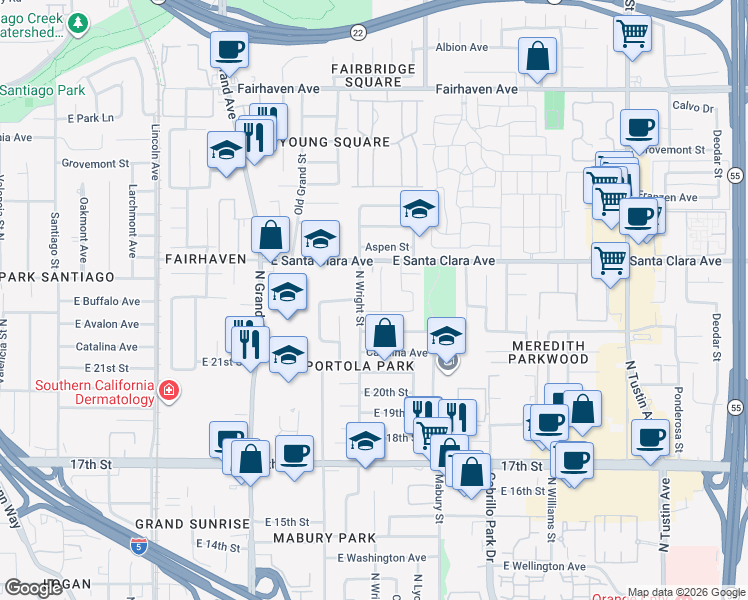 map of restaurants, bars, coffee shops, grocery stores, and more near 2726 Concord Street in Santa Ana