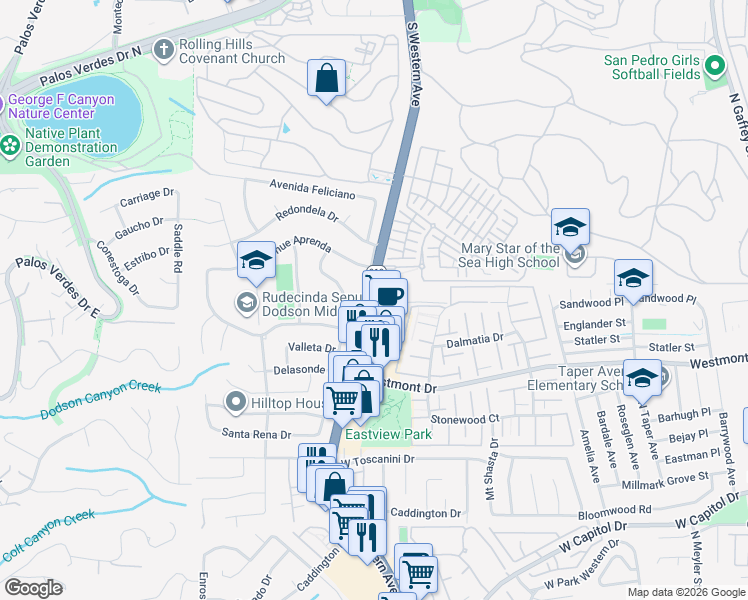 map of restaurants, bars, coffee shops, grocery stores, and more near 27841 Palmeras Place in Rancho Palos Verdes