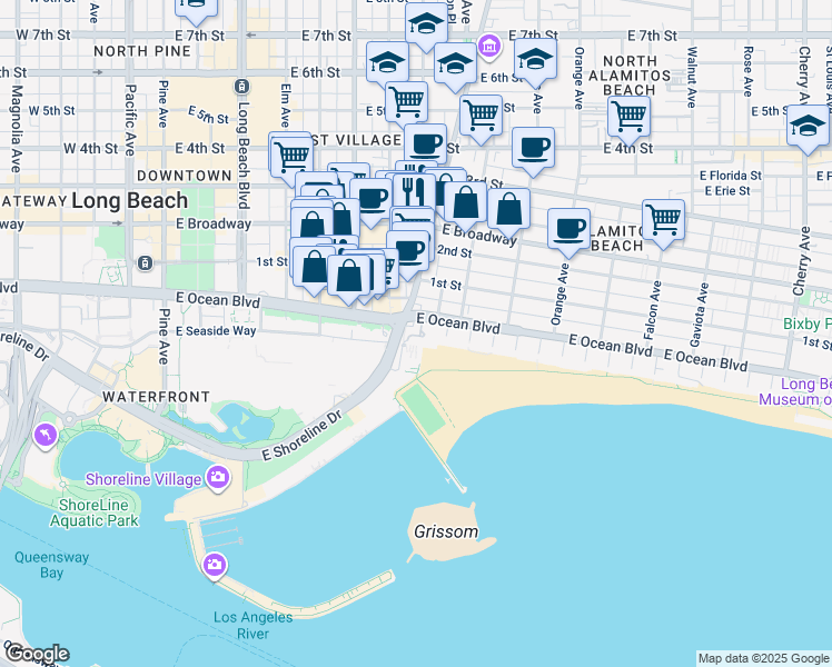 map of restaurants, bars, coffee shops, grocery stores, and more near 800 East Ocean Boulevard in Long Beach