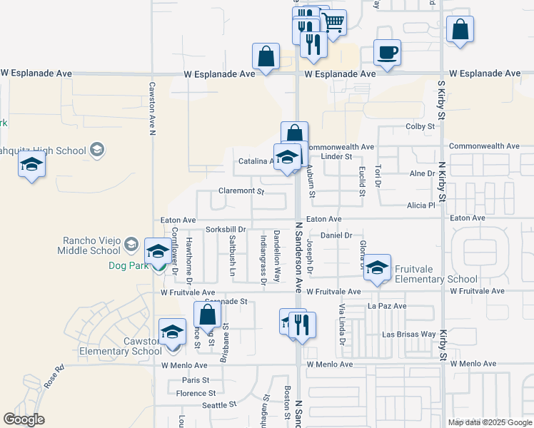 map of restaurants, bars, coffee shops, grocery stores, and more near 3475 Pocahontis Street in Hemet