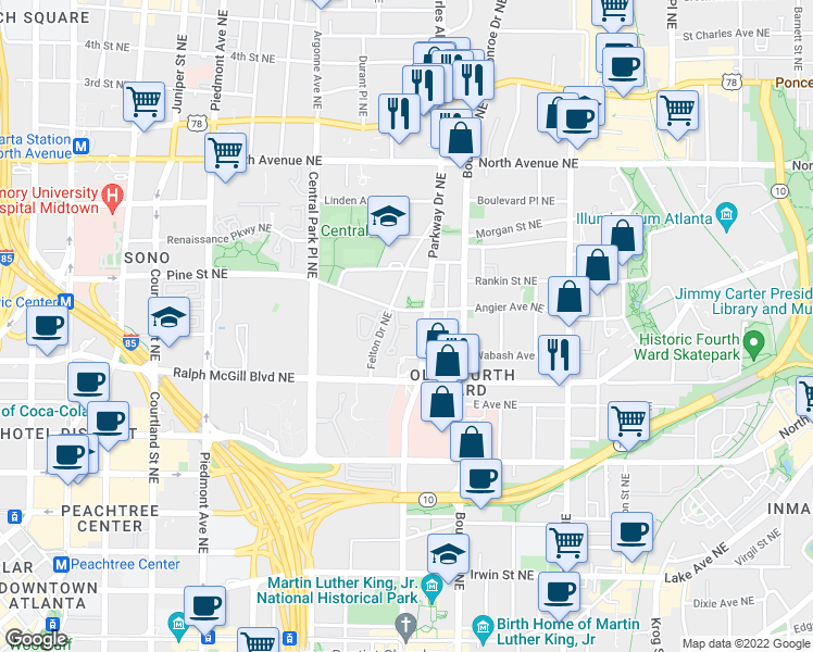 map of restaurants, bars, coffee shops, grocery stores, and more near Angier Ct NE in Atlanta