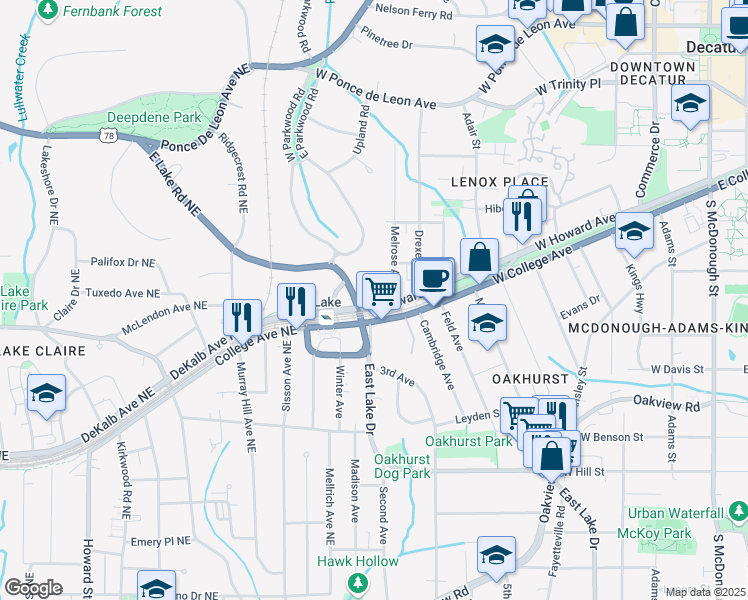 map of restaurants, bars, coffee shops, grocery stores, and more near 120 Melrose Avenue in Decatur