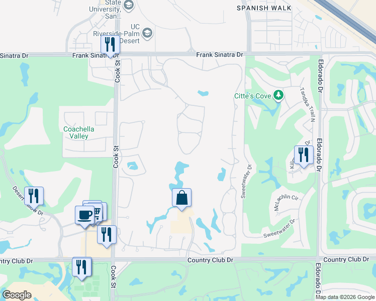 map of restaurants, bars, coffee shops, grocery stores, and more near 221 Vista Royale Circle East in Palm Desert