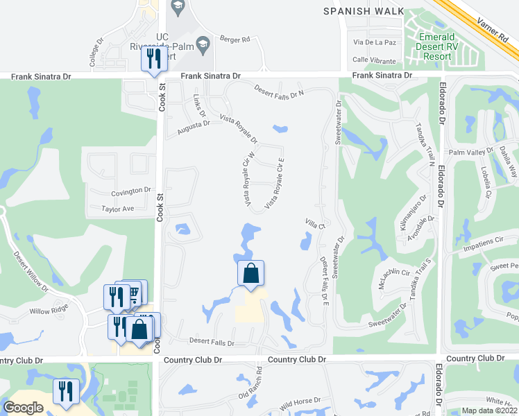 map of restaurants, bars, coffee shops, grocery stores, and more near 246 Vista Royale Circle West in Palm Desert