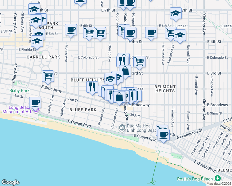 map of restaurants, bars, coffee shops, grocery stores, and more near 252 Coronado Avenue in Long Beach