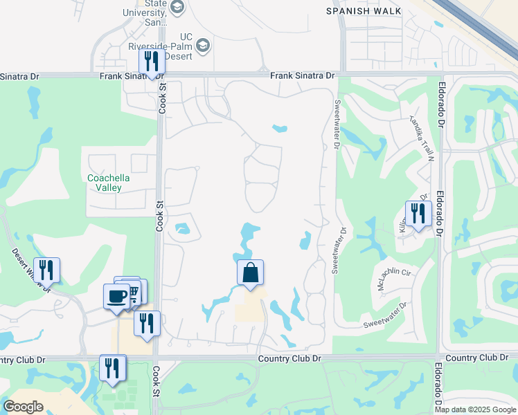 map of restaurants, bars, coffee shops, grocery stores, and more near 221 Vista Royale Circle East in Palm Desert