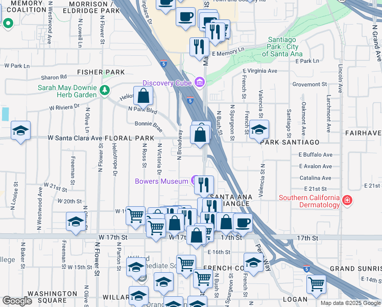 map of restaurants, bars, coffee shops, grocery stores, and more near 2227 North Broadway in Santa Ana