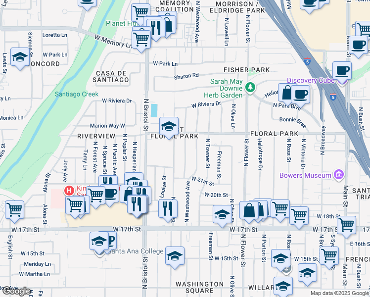 map of restaurants, bars, coffee shops, grocery stores, and more near 2247 North Baker Street in Santa Ana