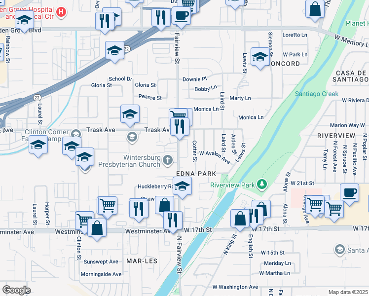 map of restaurants, bars, coffee shops, grocery stores, and more near 12949 Fairview Street in Garden Grove