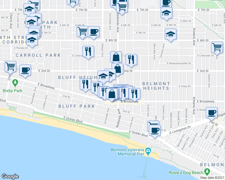 map of restaurants, bars, coffee shops, grocery stores, and more near 252 Coronado Avenue in Long Beach