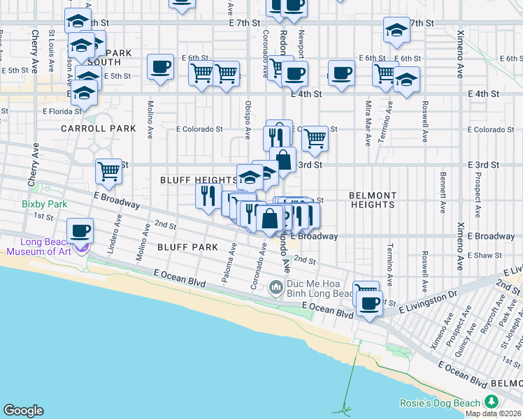 map of restaurants, bars, coffee shops, grocery stores, and more near 252 Coronado Avenue in Long Beach
