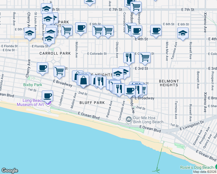 map of restaurants, bars, coffee shops, grocery stores, and more near 260 Orizaba Avenue in Long Beach
