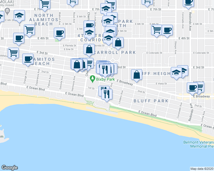 map of restaurants, bars, coffee shops, grocery stores, and more near 2117 2nd Street in Long Beach