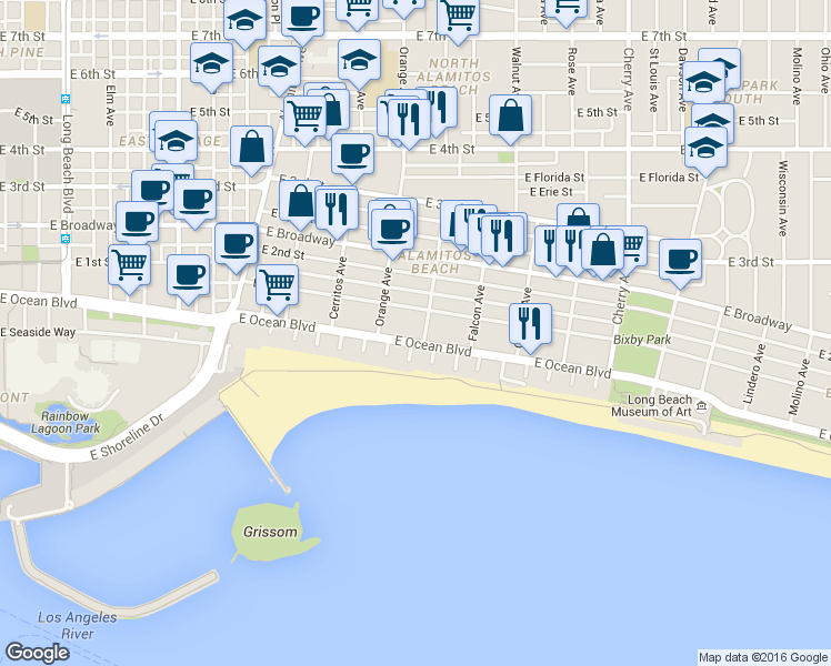 map of restaurants, bars, coffee shops, grocery stores, and more near 1250 East 1st Street in Long Beach