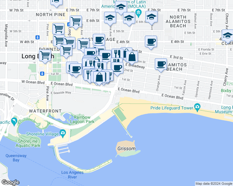 map of restaurants, bars, coffee shops, grocery stores, and more near in Long Beach