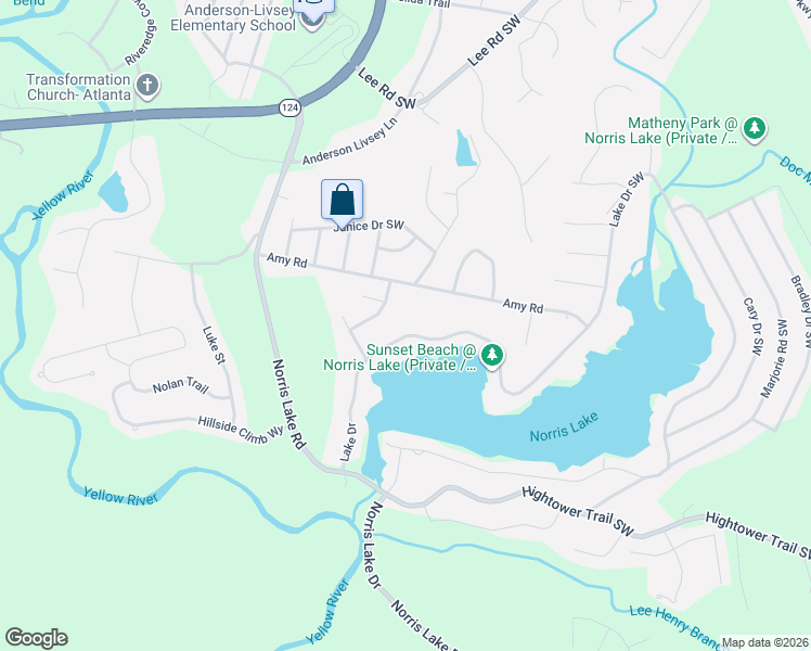 map of restaurants, bars, coffee shops, grocery stores, and more near 4385 Amy Road in Snellville