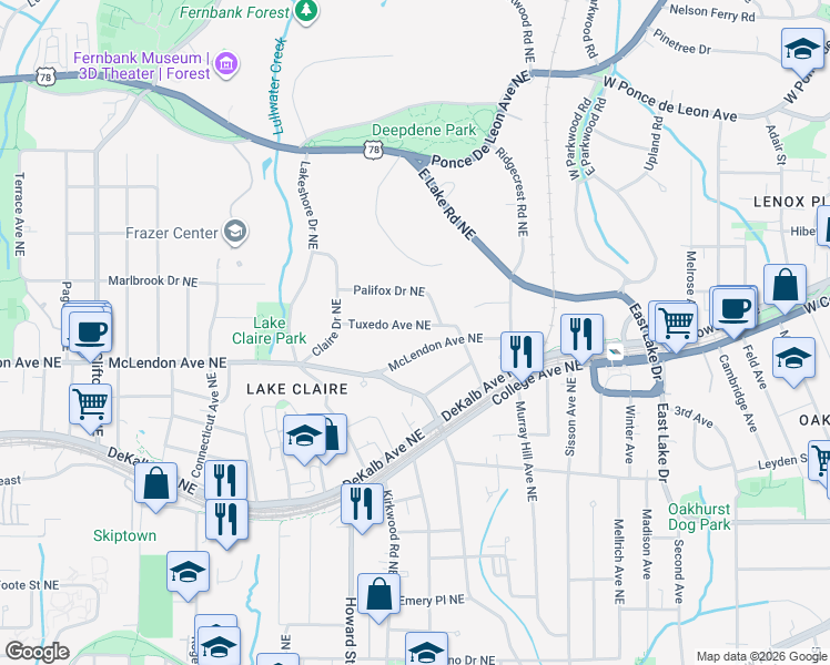 map of restaurants, bars, coffee shops, grocery stores, and more near 2039 Tuxedo Avenue Northeast in Atlanta